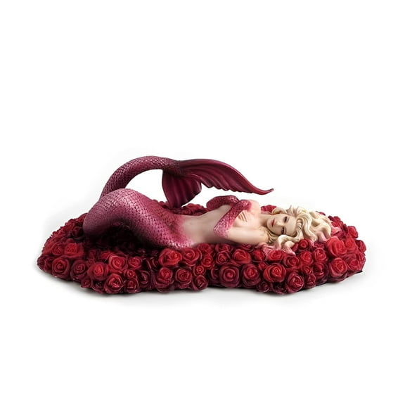 Red Mermaid Floating in Sea of Roses Statue Sculpture Figurine by Artist Selena Fenech