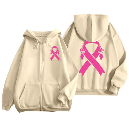 Hoodie for Women Cancer Print Full Zip Hoodie Plush Skin-Friendly Daily Women's Sweatshirt Beige XXL