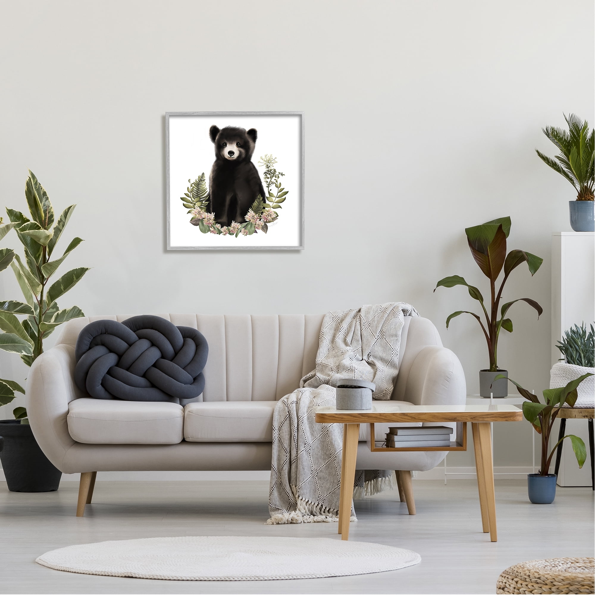Stupell Industries Floral Bramble Bear Animals & Insects Painting Gray Framed Art Print Wall Art, 24 x 24