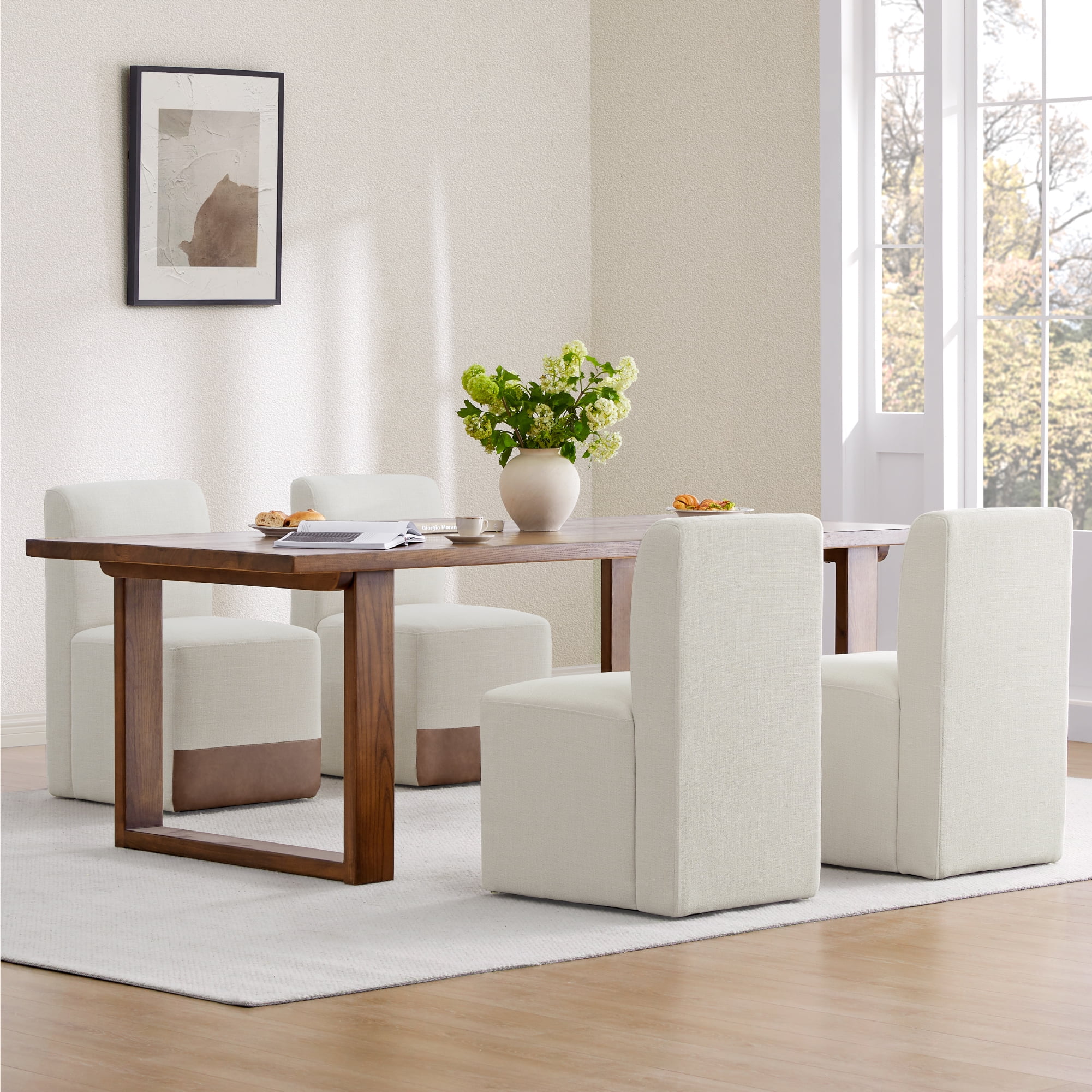 Spruce & Spring Upholstered Dining Chairs with Hidden Casters Set of 2, Linen & Cognac Brown