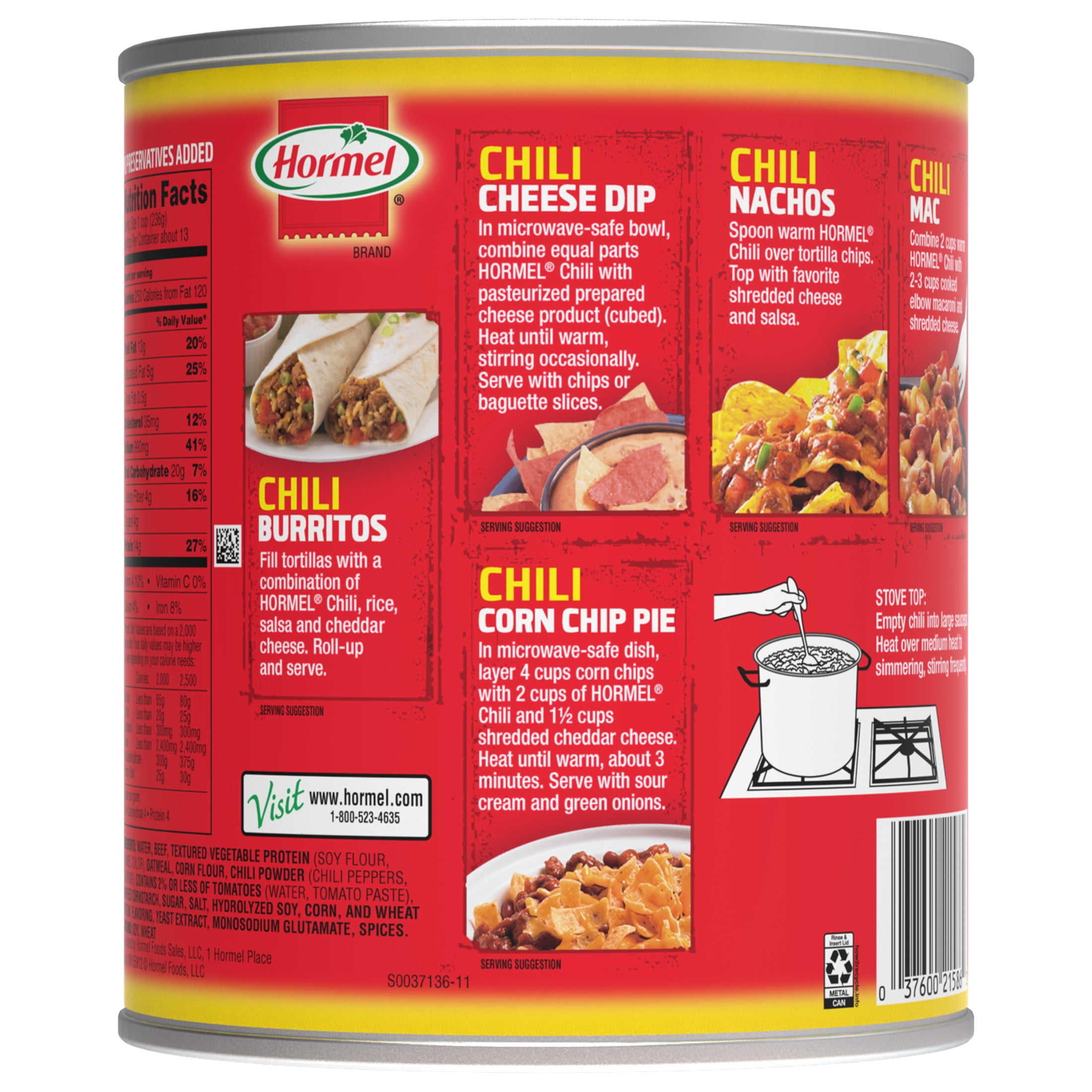 (2 pack) HORMEL Chili, No Beans, Shelf-Stable, Large 108 oz Steel Can