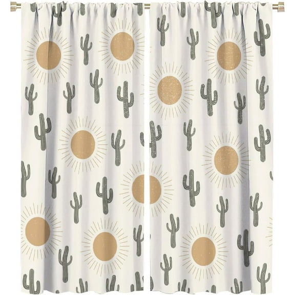 Cactus Curtain Boho Rustic Sun Cactus Pattern Blackout Print Rod Pocket Window Drapes for Bedroom Living Room 26"W x 63"L (Pack of 2)