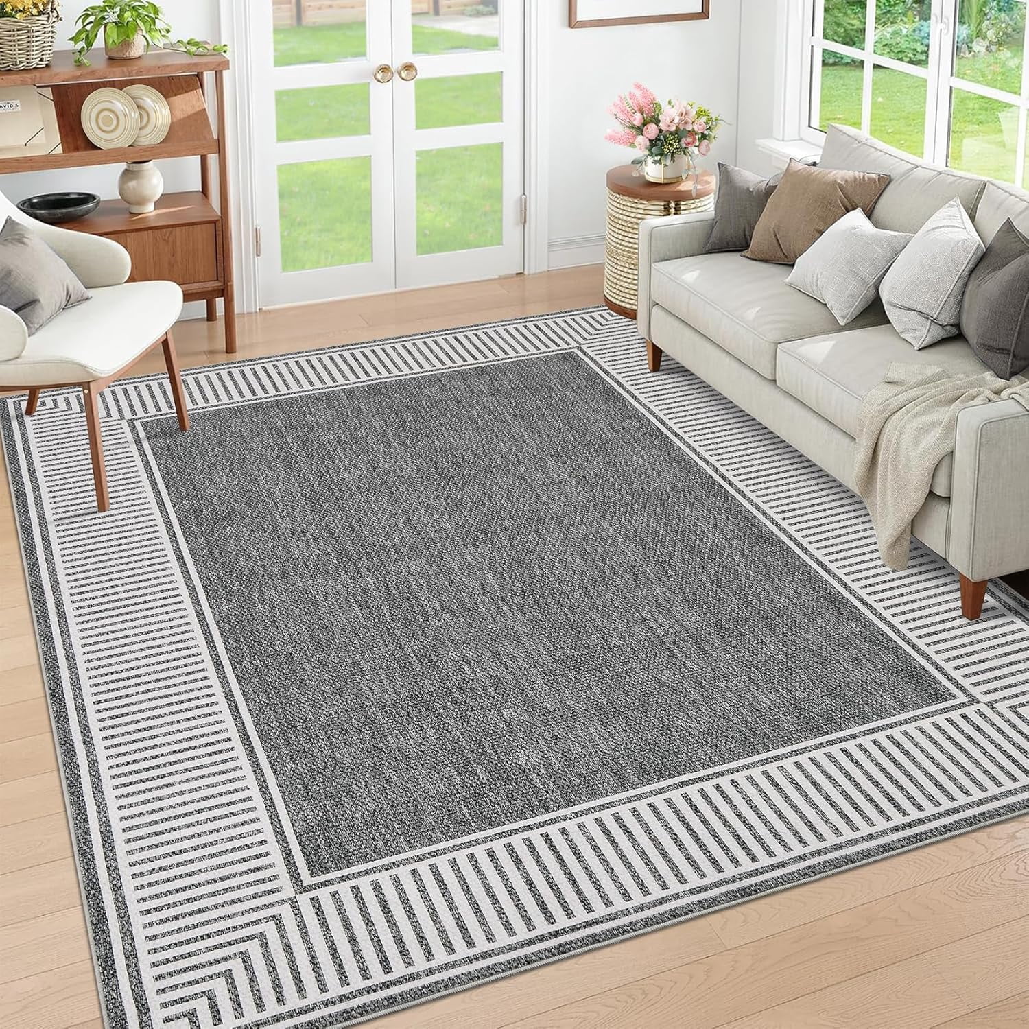 Memoryfield Modern Bordered 9' x 12' Area Rug, Washable Soft Non Slip Low Pile Stain Resistant Carpet Rugs, for Living Room Dining Room, Gray