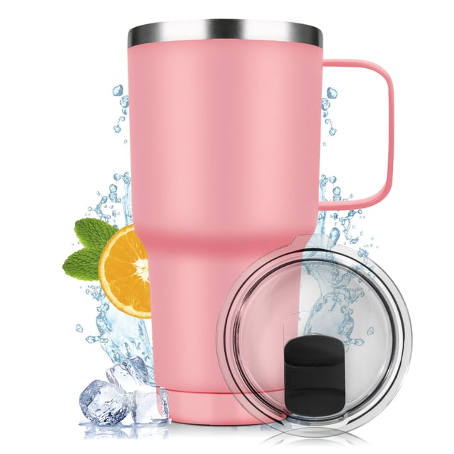 termo de acero inoxidable con asa 30oz con tapa de imán evita derrames rosa claro. Vista frontal centrada de 30 oz (7 5/8" de alto) con asa lateral y borde superior de acero inoxidable; cuerpo de doble capa en acero 18/8 con acabado rosa claro, tapa MagSlider transparente con cierre magnético y deslizador negro junto al termo. Cabe en portavasos estándar y suele usarse también para llevar bebidas en viajes o eventos.