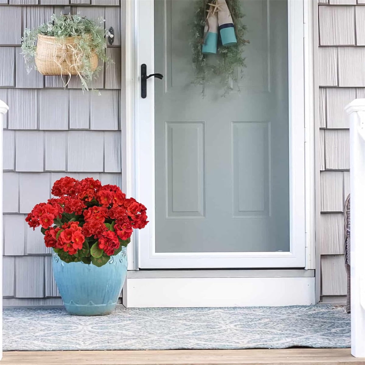 Tutuviw 12 Bunches Artificial Geranium Silk Flower Bush Red 14 in Faux Geranium Flowers Outdoor UV Resistant Garden Plants Faux Flower for Planters Front Porch Garden Fountain Window Box Decor
