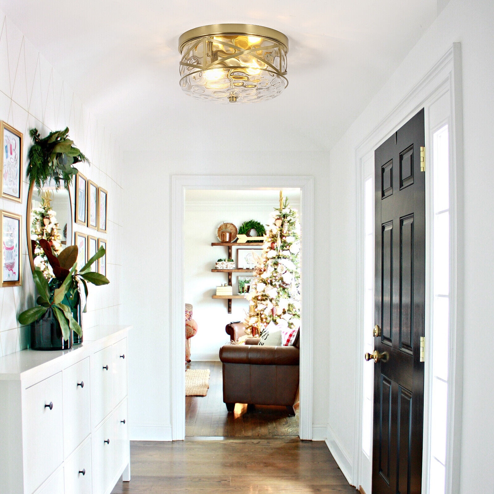 Modern Small Flush Mount Ceiling Light With Clear Hammered Glass Brushed Light Fixtures 2-Lights Farmhouse Ceiling Light Antique Ceiling Light for Kitchen Dining Room Hallway 11.8"D