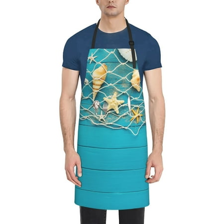 

Goofa Seashells And Fishing Net On Blue Wooden Table Printed Waterproof Apron 33 Chef Aprons for Men Heavy Duty Chemical Work Apron Adjustable Bib Apron