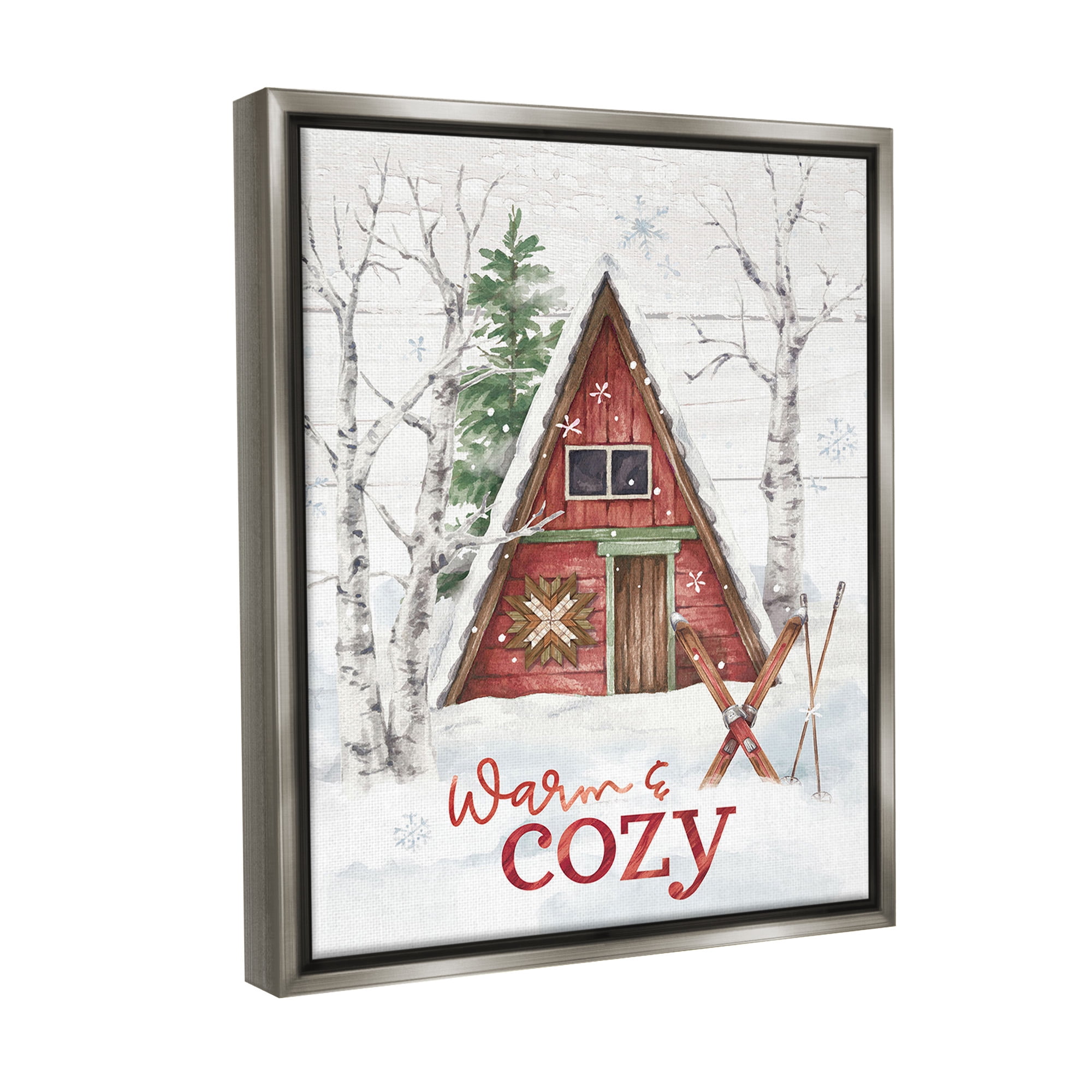Stupell Industries Warm & Cozy Cabin Holiday Painting Gray Floater Framed Canvas Art Print Wall Art, 17 x 21