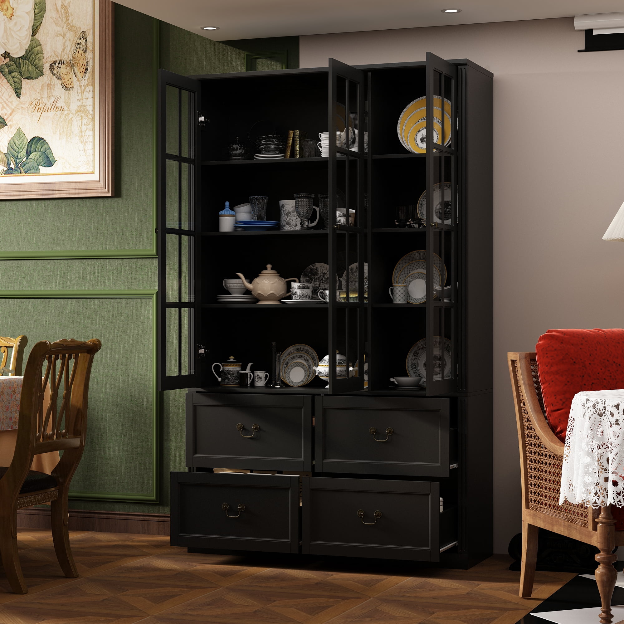 KULAGAGA 78.7" H Kitchen Pantry Cabinet with 4 Drawes, Display Storage Cabinet Bookcase for Home Office,Black