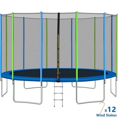 Lykos 16FT Trampoline for Kids with Safety Enclosure Net, Ladder and 12 Wind Stakes, Round Outdoor Recreational Trampoline