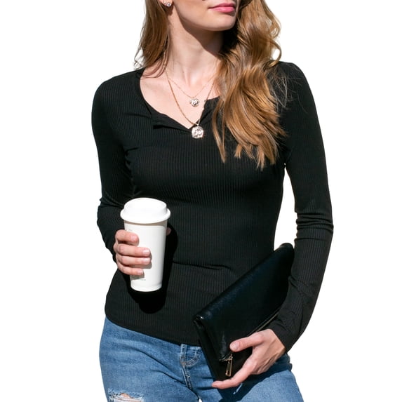 Doublju Women's Placket Neck Long Sleeve Ribbed Top (Plus Size Available)