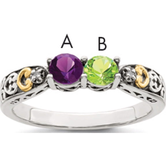 14K/Silver Two-Tone Sterling Silver & 14K Two-Stone And Diamond Mother's Ring Semi-Mount (Size 6) Made In Thailand qmr23/2-6