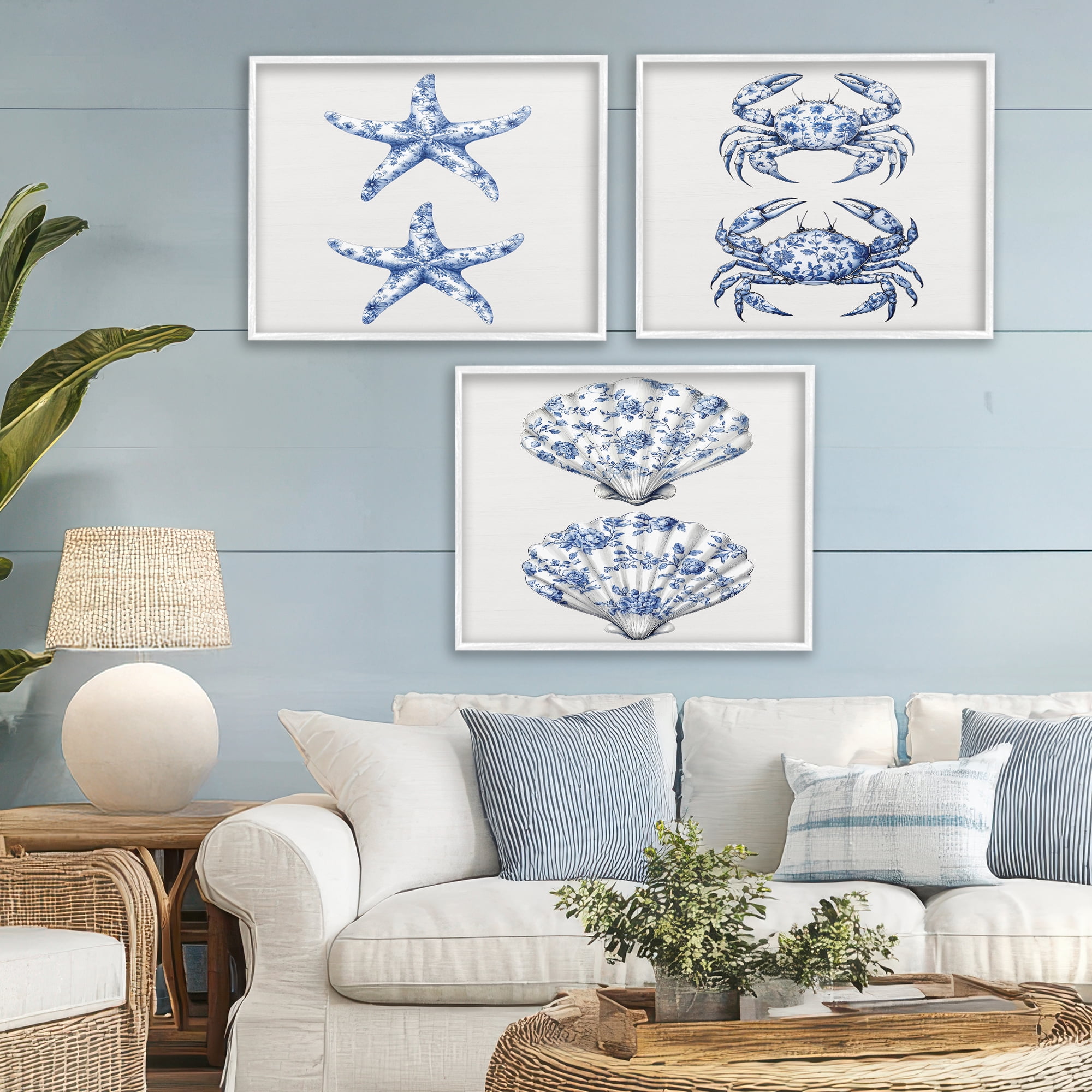 Vintage Toile Starfish & Crabs 3 Piece White Framed Giclee Art Set, design by Lettered and Lined
