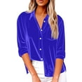 thumbnail image 3 of Kixjoy Button Down Tops for Women Velvet Long Sleeve Elegant Tops Collared Casual Soild Blouse Party Dressy Fall Blouses for Women, Blue M, 3 of 8