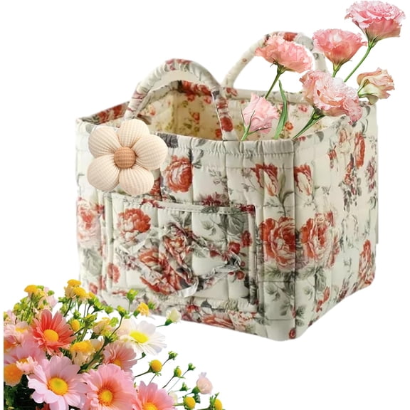 Boho-Chic Quilted Floral Storage Basket, Soft Fabric Laundry Basket with Handles & Pocket, Collapsible for Toys, Laundry, Home, Shopping, Picnic & Travel