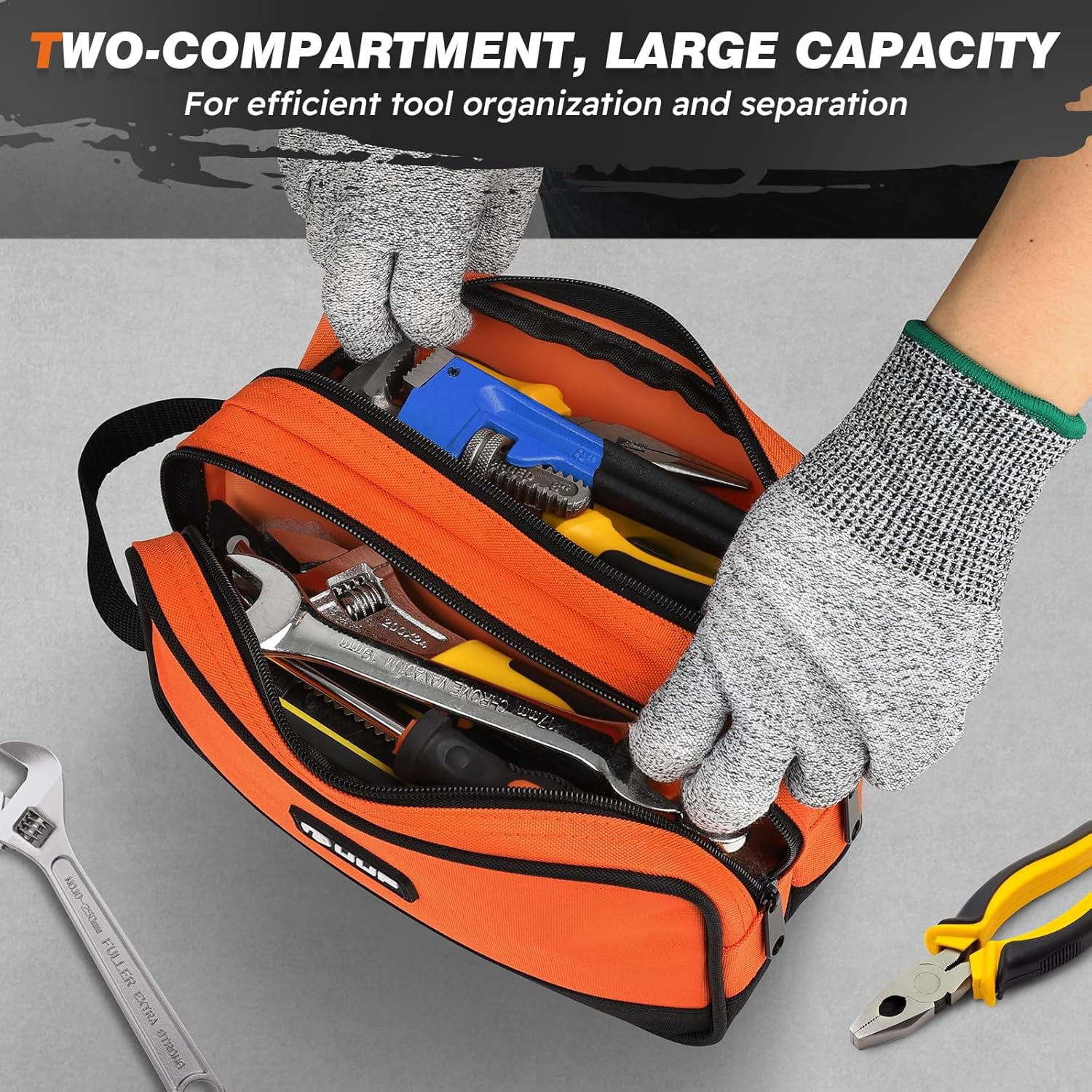 General 10 Inch Small Tool Bag, Zipper Tool Pouch Two Compartments Heavy Duty, Utility ToolBag with Carrying Handle, Tools Storage Organizer for Electrician Mechanic, Gift for Men Dad,Orange