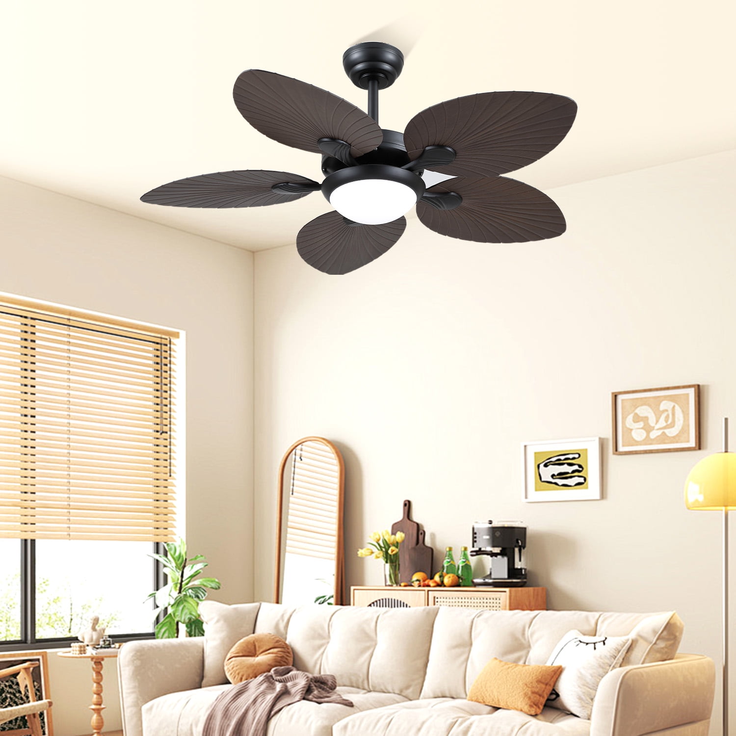 YIOSI 44" Tropical Palm Leaf Ceiling Fan with LED Lights, Remote/APP Control, Quiet Reversible Motor, Dimmable Lighting, Indoor/Outdoor Ceiling Fans for Patios, Porches, Bedrooms - Brown