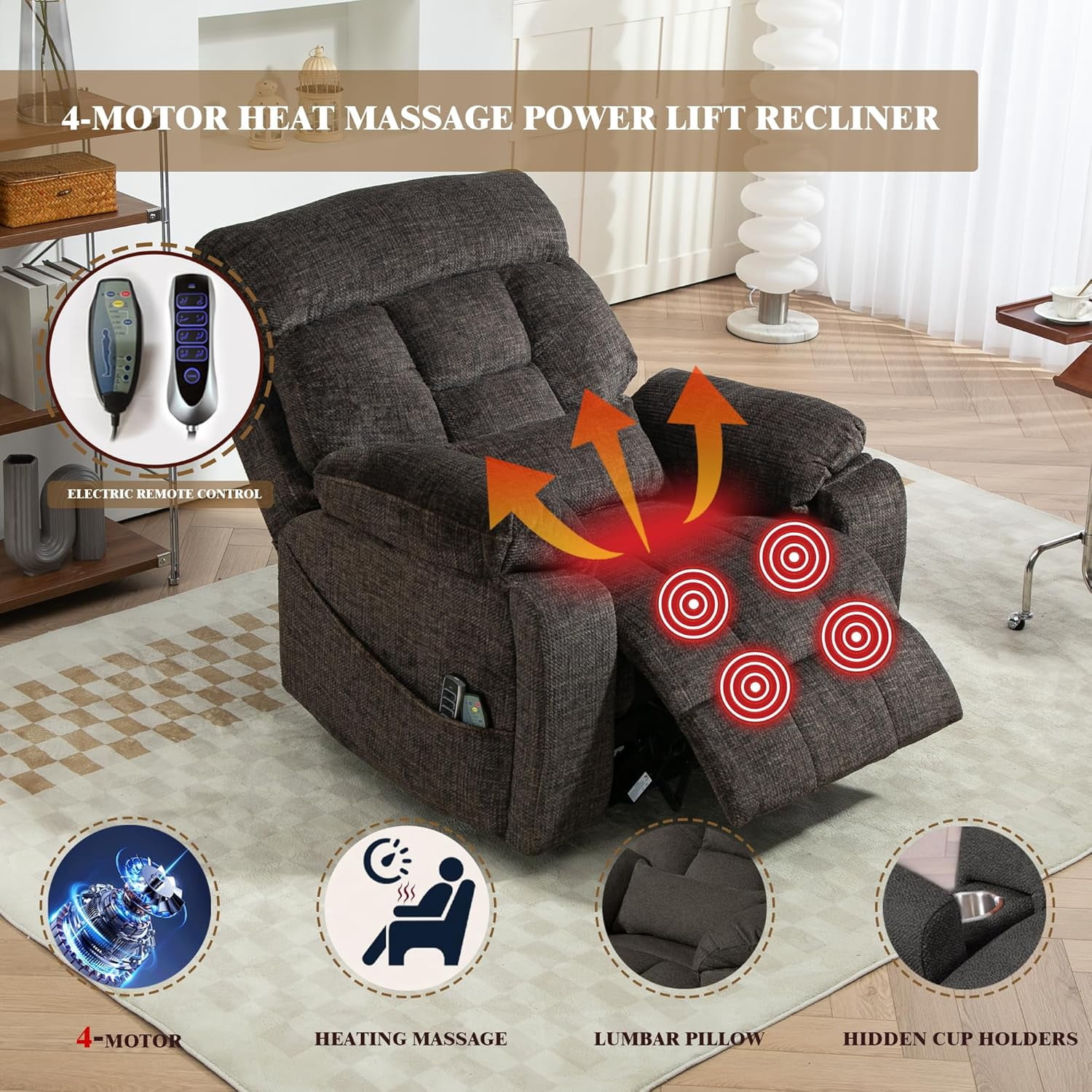 REHOUSING Adult Chenille Living Room Lay Flat Power Lift and Heat and Massage Recliner, Black