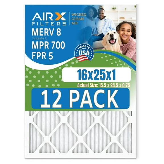 16x25x1 Air Filter MERV 8 Rating, 12 Pack of Furnace Filters Comparable to MPR 700 & FPR 5 - Made in USA by Xayoca WICKED CLEAN AIR.