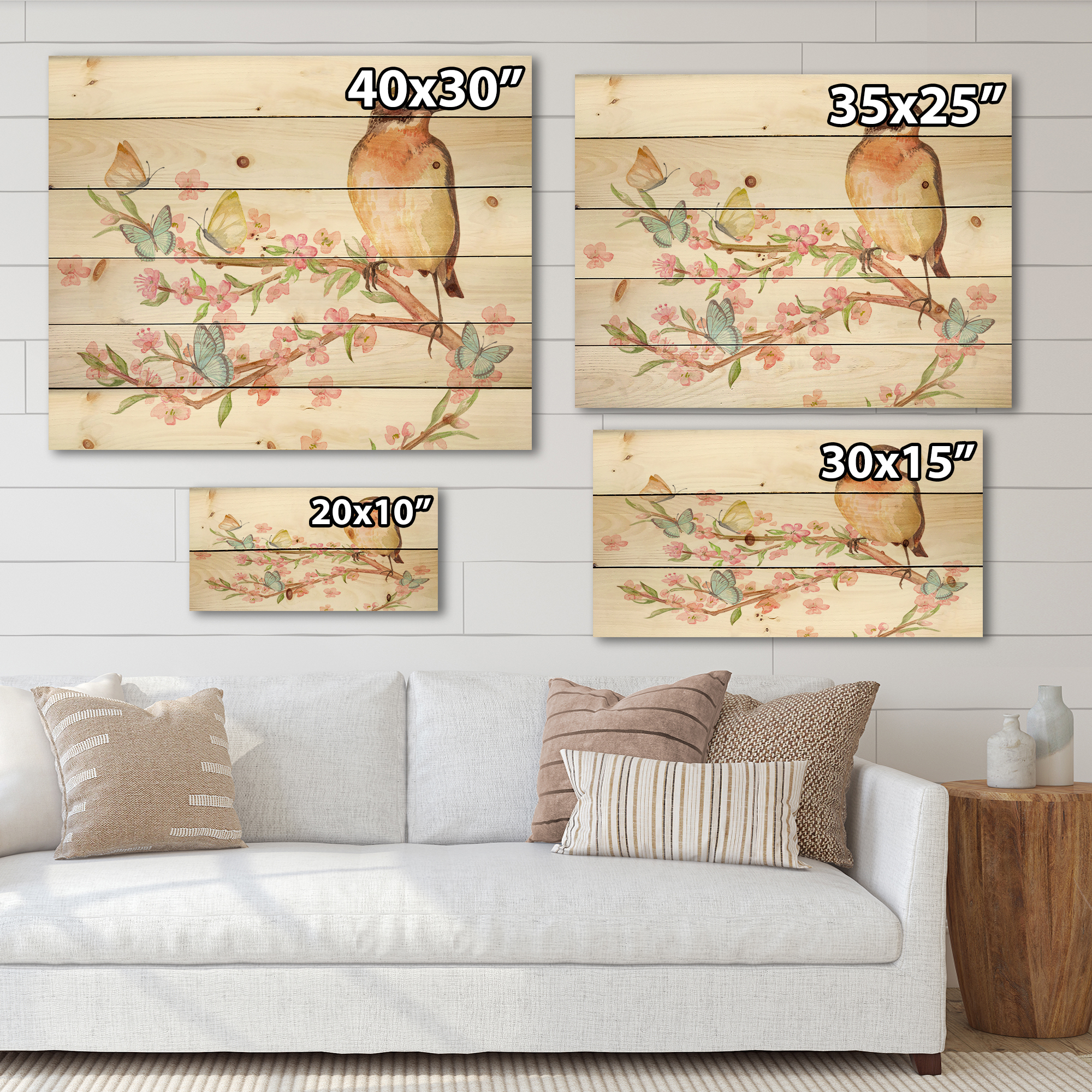Designart 'Lovely Bird Sitting On Branch of Sakura With Butterflies' Traditional Print on Natural Pine Wood