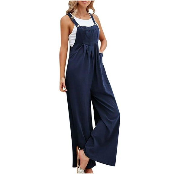 Women's Summer Jumpsuits Trendy 2026 Button Pockets Plus Size Solid Color Casual Sleeveless Straight Wide Leg Long Rompers Navy S-3XL