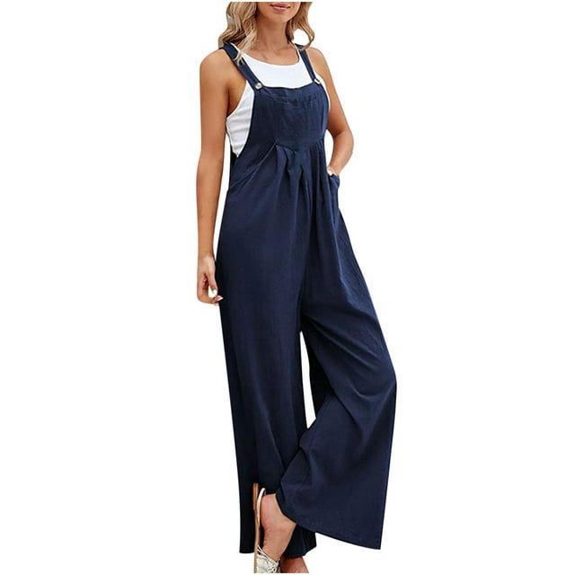 Lenpel Women's Bib Overalls Spring Summer Sleeveless Wide Leg Jumpsuits Casual Loose Rompers with Pockets Beach Vacation Outfits
