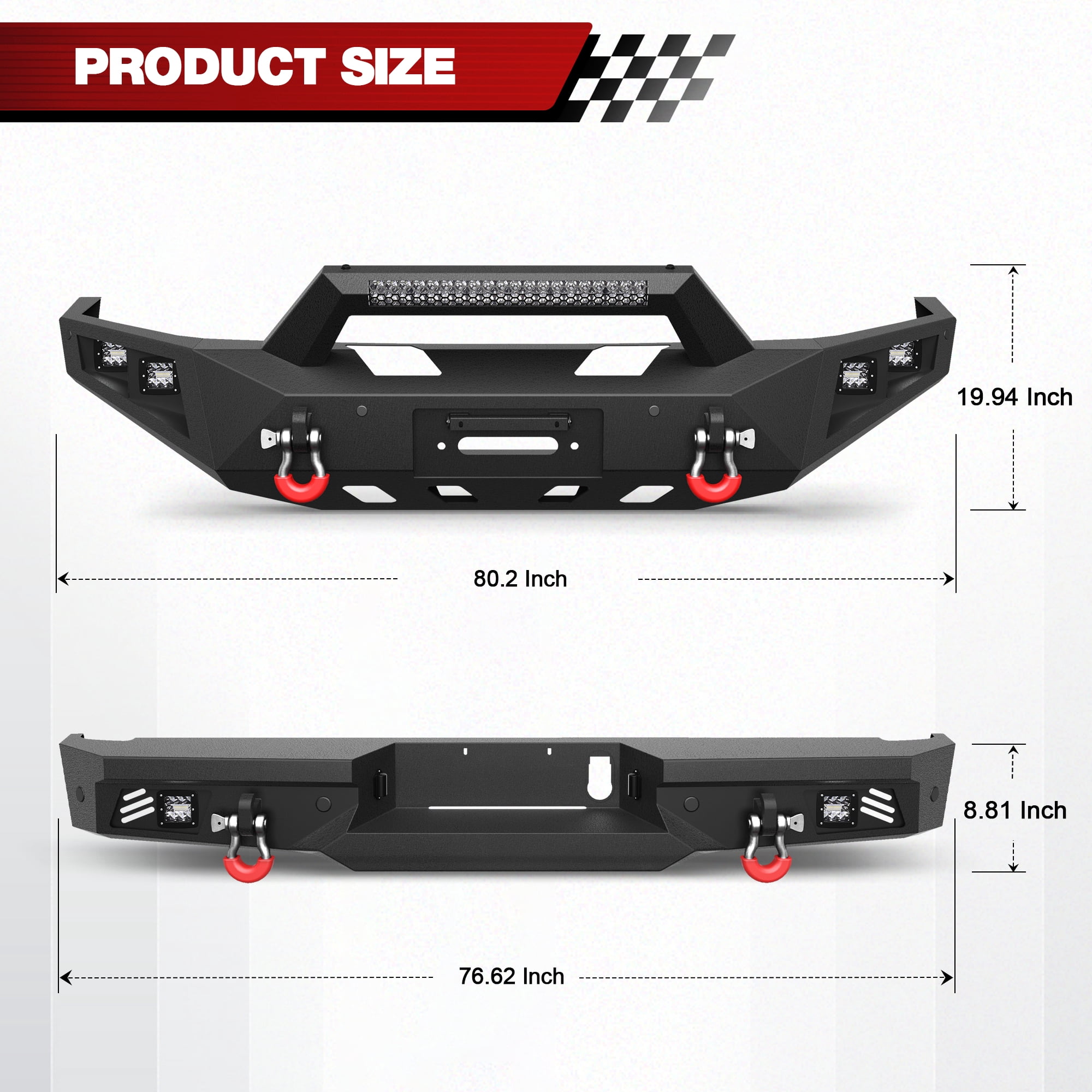 POFENZE Front and Rear Bumper Set for 2016-2024 Nissan Titan Full Width Pickup Truck Bumper w/Winch Plate, Light Bar, 6x18w Fog Lights