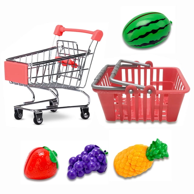 SUTENG Jouets Chariot d'Achats pour Enfants avec Jeu de Nourriture Panier d'Épicerie Convient aux Poupées Bébé Roues à Roulement Fluide Se Replie pour un Rangement Facile Cadeau pour Enfants de 2 Ans et Plus
