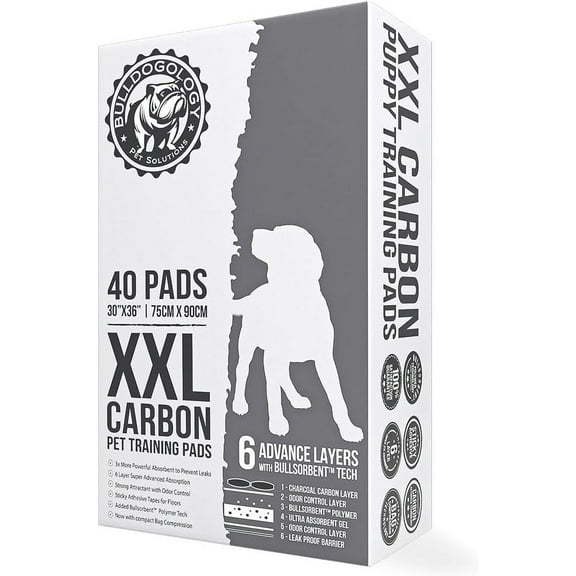 Bulldogology Charcoal XXL Pee Pads for Dogs (30x36) Puppy Pee Pads with Adhesive Sticky Tape - Leak Proof Charcoal Puppy Pads - Ultra Absorbing Charcoal Dog Pads - Activated Carbon Pee Pads (40-Count)