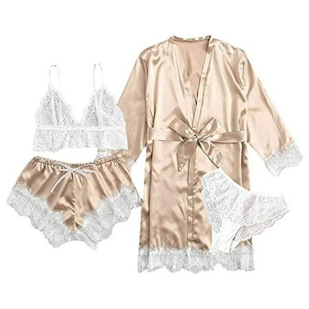

4Pcs/Set Pajamas Set Women s Satin Robe Nightwear Lounge Set with Cami Sleepwear Floral Lace Trim Shorts Lingerie New