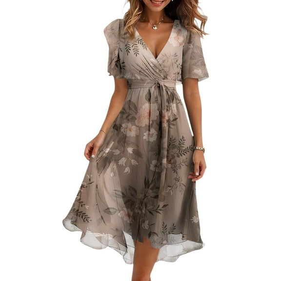 Qwertyu Boho Dresses for Women 2025 Floral Printed Chiffon Dresses Elegant V Neck Belted Summer Wedding Prom Cocktail Midi Dresses for Women Light Brown XL