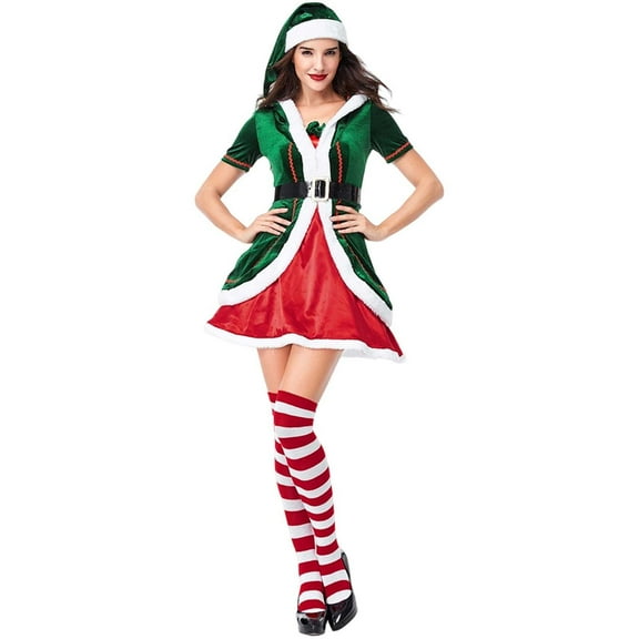 oqasdz Christmas Dresses for Women Elf Set Dress Up Elegant Green Fairy Outfits for Party Dress Theme Outfit Holiday Celebration Apparel
