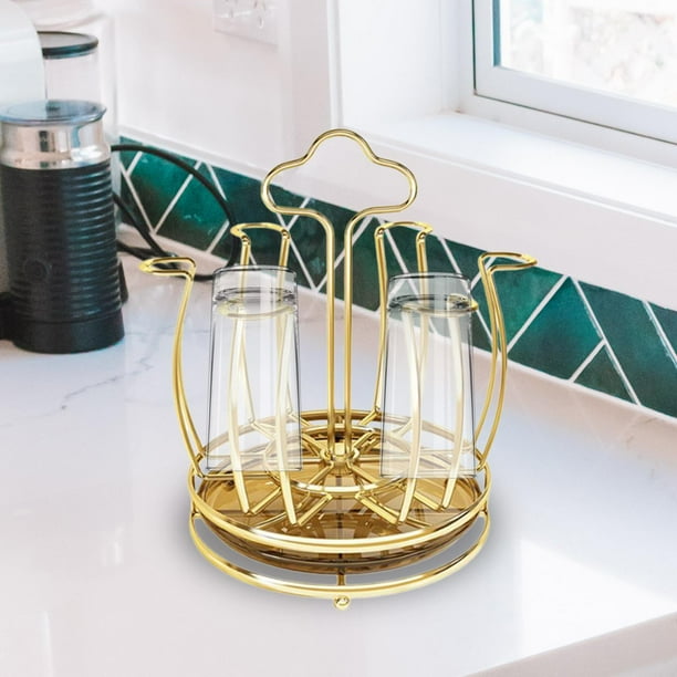 Rejilla giratoria para secar tazas, soporte para tazas, escurridor de Metal, estante para ahorrar espacio con bandeja de drenaje, organizador de vasos Dorado Macarena Portavasos