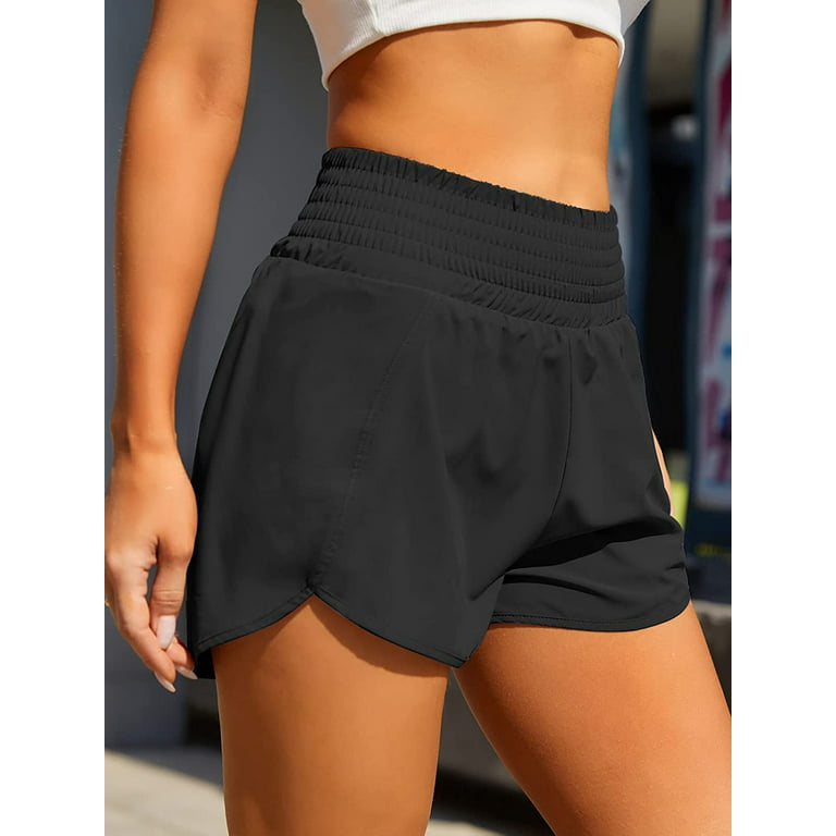Women's Athletic Shorts High Waisted Running Shorts Pocket Sporty Shorts  Gym Elastic Workout Shorts - Black 
