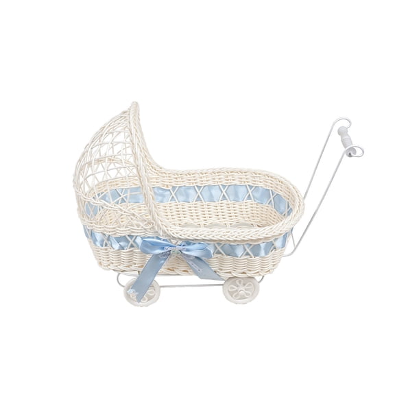 KojanyuFaux Rattan Pram Shaped Flower Basket with Wheel and Handle, Multi Functional Storage Fruit Basket for Weddings Parties