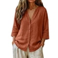 thumbnail image 5 of Duoif Women's V Neck Button 3/4 Sleeve Linen Blouse Loose Fit Solid Color Summer Top 2026, Burgundy, L, 5 of 7