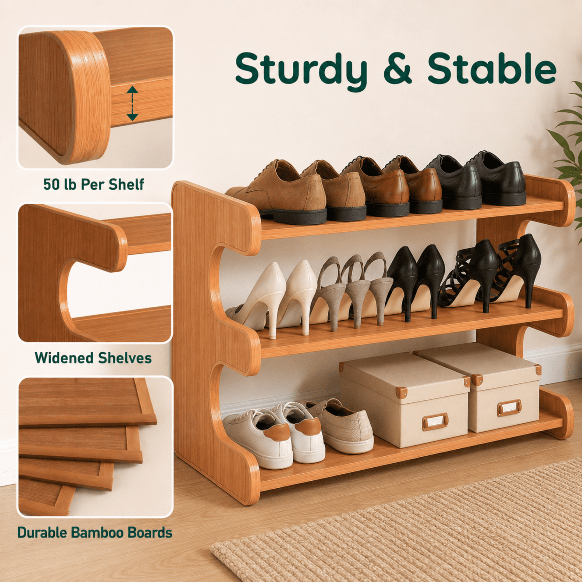 MEHOOM 3 Tier Bamboo Shoe Rack Organizer for Closet, Entryway, Dorm, Garage, Sturdy Shoe Storage Shelf, 28"x11"x14" (Natural)