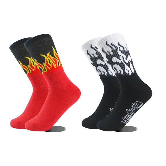 2 Pairs Cotton Sports Calf Socks Flame Pattern Breathable Wicking Middle Tube Socks For Gym Running Unisex