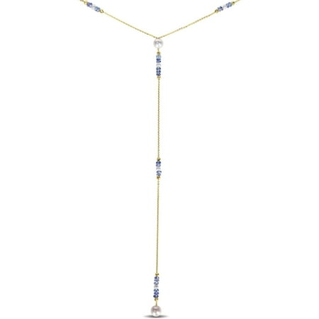 Tangelo White Freshwater Cultured Pearl and 9-1/2 Carat T.G.W. Tanzanite Yellow Rhodium over Sterling Silver Y Shape Necklace, 28