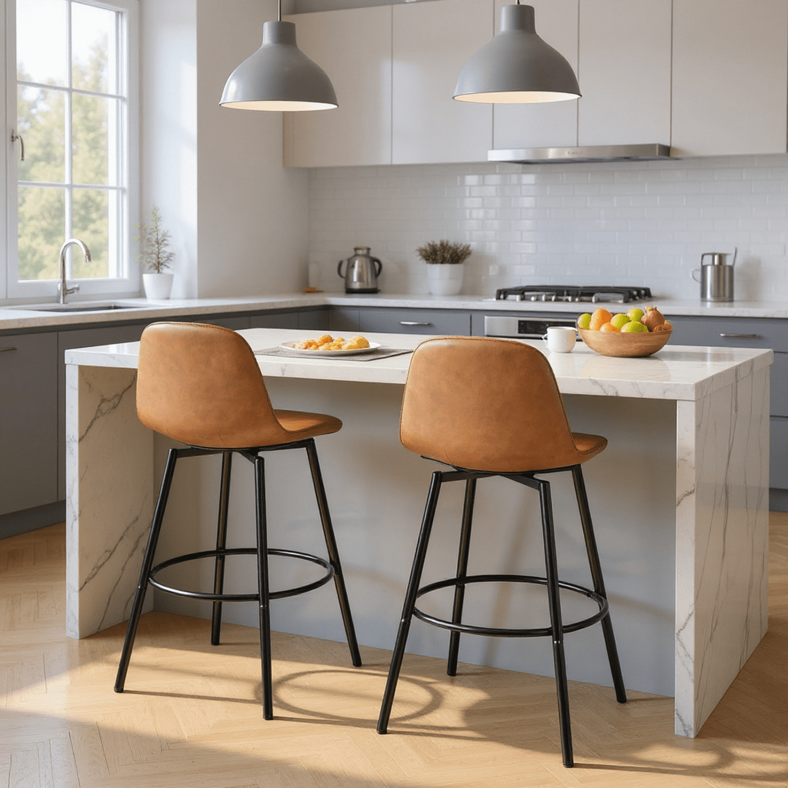 Homy Casa Set of 2 Bar Stools, Faux Leather Upholstered Seat with Black Metal Frame, Brown