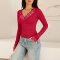 thumbnail image 6 of Women's Fitted Tops V Neck Lace Trim Shirts Long Sleeve Stretchy Soft Lightweight Basic Going Out Versatile Tee, #03 Wine, M, 6 of 6