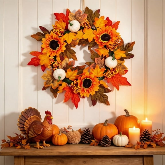 Fall Decor Wreath, 19 in Autumn Sunflower, Maple Leaf, Pumpkin Autumn Wreath, Harvest & Thanksgiving Fall Decor for Home Walls, Windows, Front Door