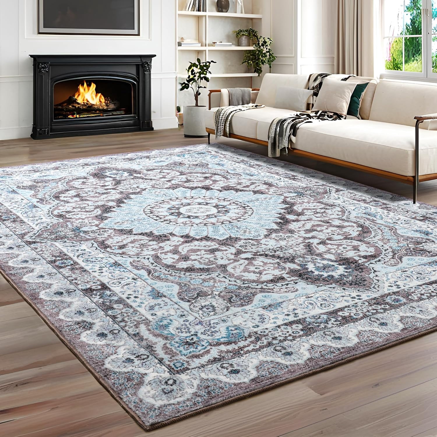 Noahas 8x10 Area Rugs for Living Room, Machine Washable Vintage Rug, Non-Slip Low Pile Throw Rugs with Rubber Backing Washable Carpet for Bedroom Dining Room Kitchen Home Decor, Brown