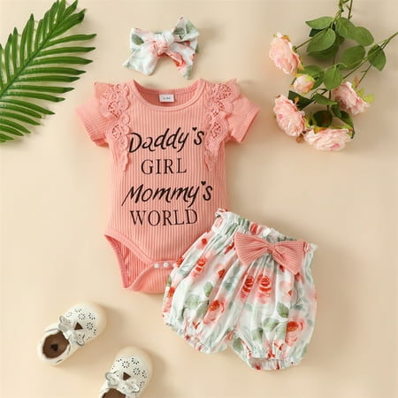 

3pcs/set Baby Girl Clothes 0-18 Months Infant Girls Ribbed Romper Ruffle Floral Shorts Headband Cute Toddler Baby Girl Clothes Outfits Set Pink-1 3-6 Months