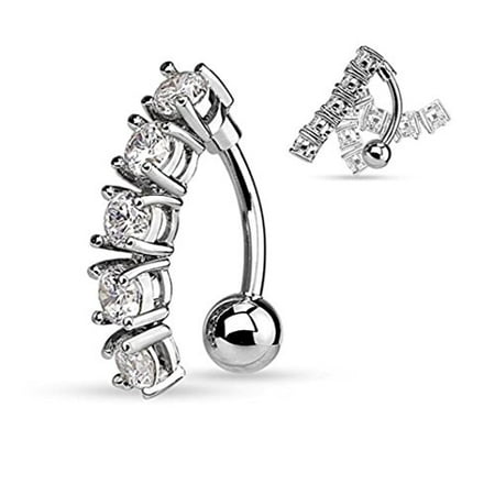 Reverse Ring 5 CZ Vertical Drop Reverse Belly Button Ring Surgical Steel 14g Top Down Navel Ring (Silver Tone) ()