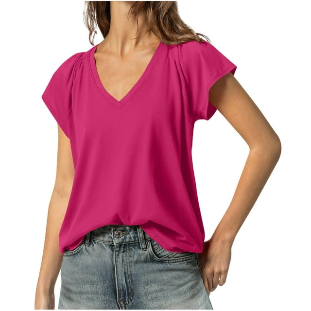 Liquidation! Hauts Grande Taille pour Femmes, Blouse à Manches Courtes d'Été pour Femmes, Blouse Décontractée à Manches Courtes Unie Col en V pour Femmes