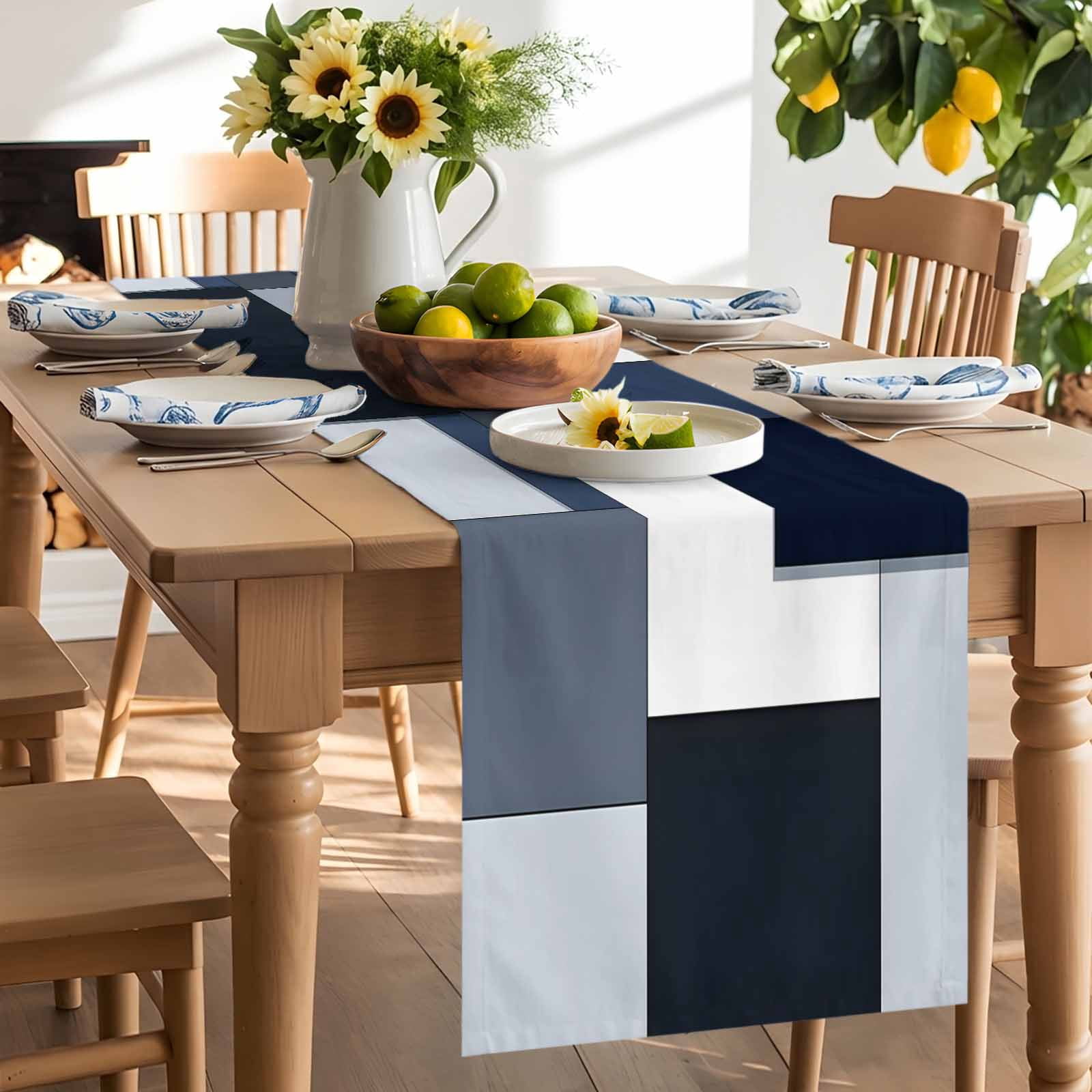 Black White Blue Patchwork Table Runner 90 Inches Long, Abstract Geometric Art Table Runners Tabletop Scarf Kitchen Dining Tables Decoration for Home Party Indoor Outdoor