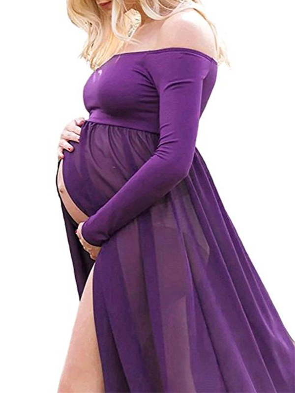 Qtymom Maternity Maxi Gown Pregnant Chiffon Open Split Front