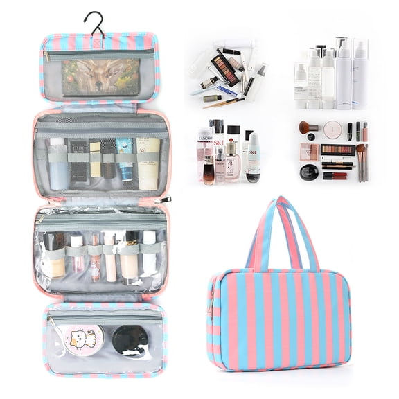 4-Fold Striped Toiletry Bag, Wet-Dry Separate Cosmetic Organizer, Large Capacity Travel Makeup Bag, Portable Hanging Toiletry Kit for Women Men, Suitcase Packing Accessories