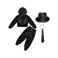 thumbnail image 4 of TiaoBug Kids Boy Girls Sparkly Hip Hop Jazz Street Dance Costume Long Sleeve Hooded Jacket Pants with Hat Necktie Set Black 12-14, 4 of 5